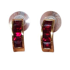 RMN Roman Diamond Cut Simulated Ruby Red Half Circle Earrings Huggies Hoops